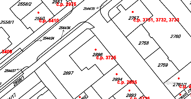 Chomutov 3725 na parcele st. 2896 v KÚ Chomutov II, Katastrální mapa
