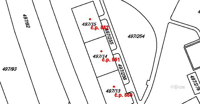 Ráj 551, Karviná na parcele st. 497/14 v KÚ Ráj, Katastrální mapa