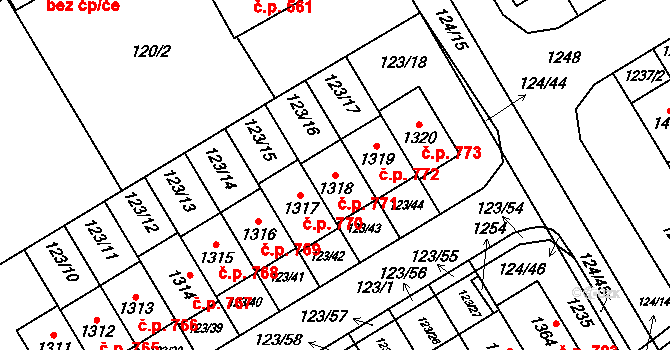 Veltrusy 771 na parcele st. 1318 v KÚ Veltrusy, Katastrální mapa