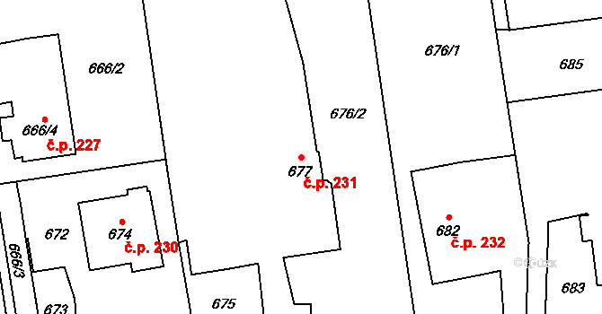 Bohuslavice 231 na parcele st. 677 v KÚ Bohuslavice u Hlučína, Katastrální mapa