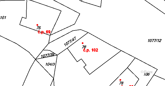 Čimelice 102 na parcele st. 76 v KÚ Čimelice, Katastrální mapa