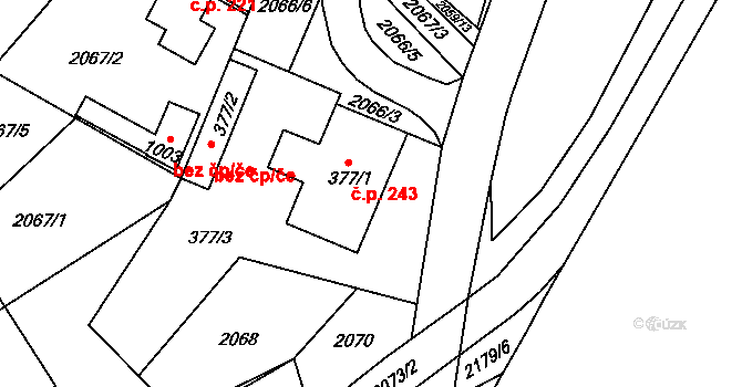 Hanušovice 243 na parcele st. 377/1 v KÚ Hanušovice, Katastrální mapa