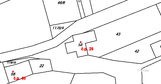 Podlešín 29 na parcele st. 58 v KÚ Podlešín, Katastrální mapa