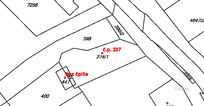 Pocinovice 207 na parcele st. 274/1 v KÚ Pocinovice, Katastrální mapa