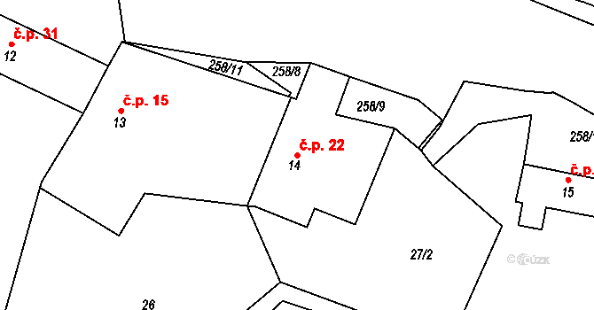 Hoštičky 22, Mochtín na parcele st. 14 v KÚ Hoštice u Mochtína, Katastrální mapa