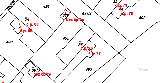 Hrádek 76 na parcele st. 86 v KÚ Hrádek u Rokycan, Katastrální mapa