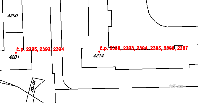 Zelené Předměstí 2383,2384,2385,2386,, Pardubice na parcele st. 4214 v KÚ Pardubice, Katastrální mapa