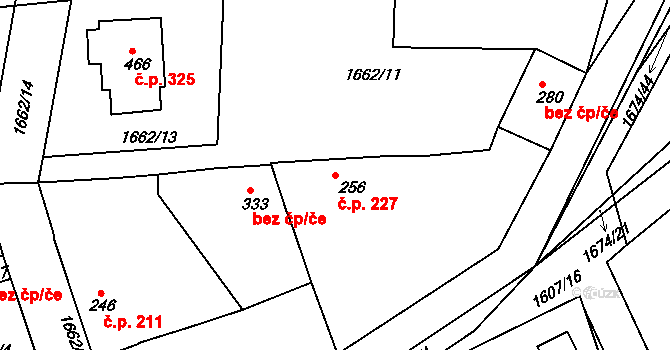 Merklín 227 na parcele st. 256 v KÚ Merklín u Přeštic, Katastrální mapa