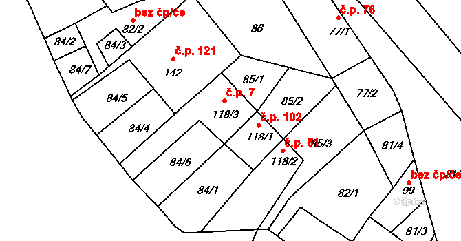Měcholupy 7 na parcele st. 118/3 v KÚ Měcholupy u Žatce, Katastrální mapa