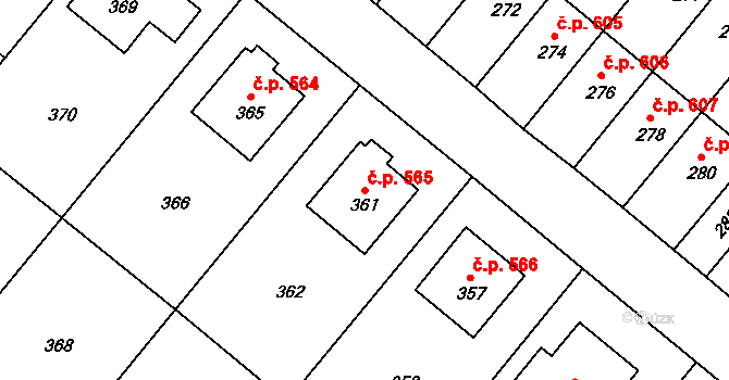 Konice 565 na parcele st. 361 v KÚ Konice, Katastrální mapa