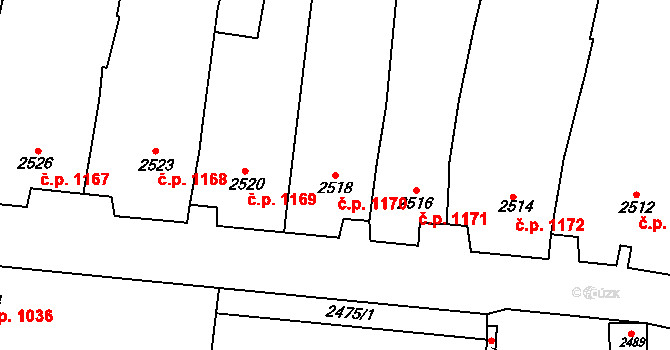Rakšice 1170, Moravský Krumlov na parcele st. 2518 v KÚ Moravský Krumlov, Katastrální mapa