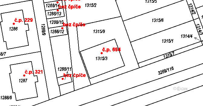 Prušánky 694 na parcele st. 1315/3 v KÚ Prušánky, Katastrální mapa