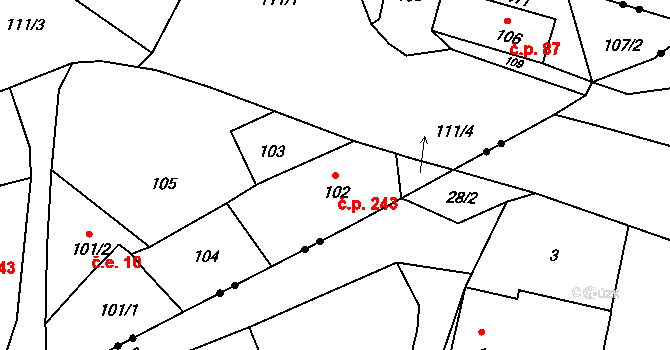 Loučná 243, Hrádek nad Nisou na parcele st. 102 v KÚ Loučná, Katastrální mapa