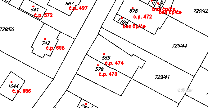 Osek 474 na parcele st. 555 v KÚ Osek u Duchcova, Katastrální mapa