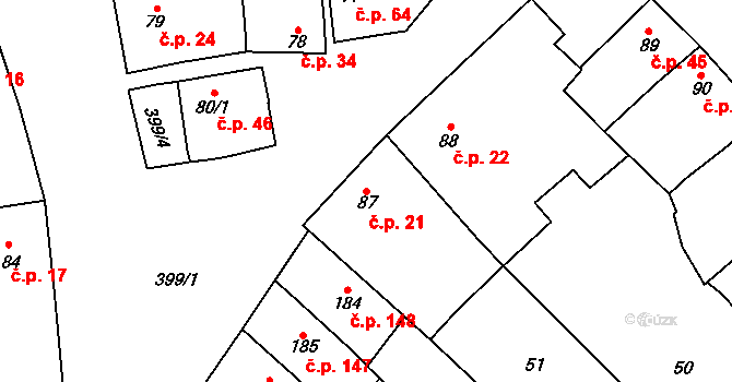 Kožušany 21, Kožušany-Tážaly na parcele st. 87 v KÚ Kožušany, Katastrální mapa