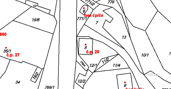 Děčín XXVII-Březiny 20, Děčín na parcele st. 8 v KÚ Březiny u Děčína, Katastrální mapa