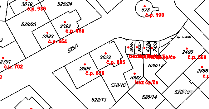 Borovina 885, Třebíč na parcele st. 3023 v KÚ Třebíč, Katastrální mapa