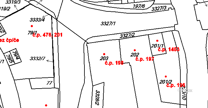 Pelhřimov 198 na parcele st. 203 v KÚ Pelhřimov, Katastrální mapa
