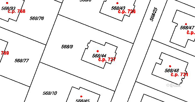 Šeberov 727, Praha na parcele st. 568/44 v KÚ Šeberov, Katastrální mapa