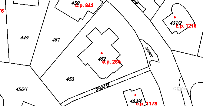 Braník 285, Praha na parcele st. 452 v KÚ Braník, Katastrální mapa