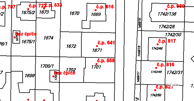 Dolní Chabry 641, Praha na parcele st. 1671 v KÚ Dolní Chabry, Katastrální mapa