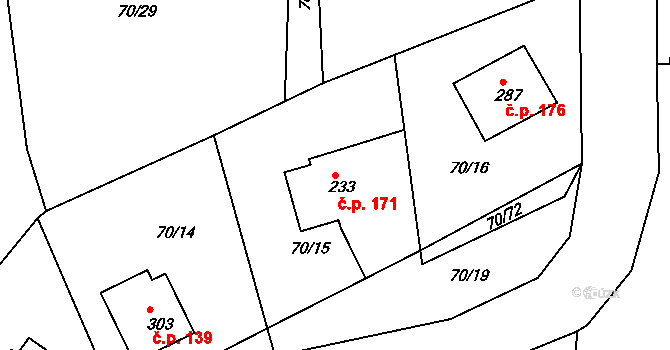 Kozárovice 171 na parcele st. 233 v KÚ Kozárovice, Katastrální mapa