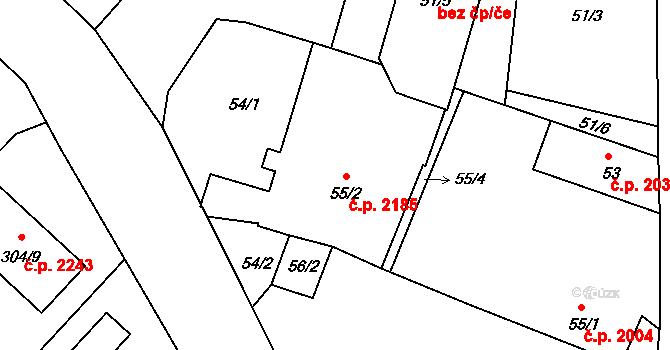 České Budějovice 2 2185, České Budějovice na parcele st. 55/2 v KÚ Haklovy Dvory, Katastrální mapa