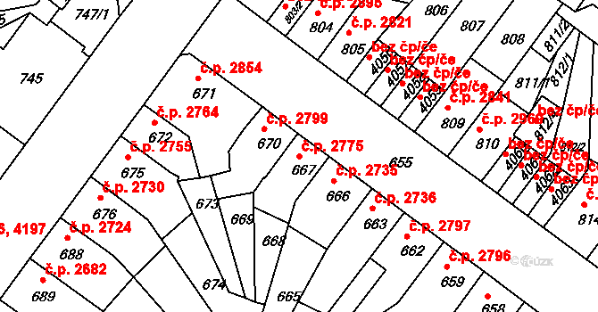 Chomutov 2775 na parcele st. 667 v KÚ Chomutov II, Katastrální mapa