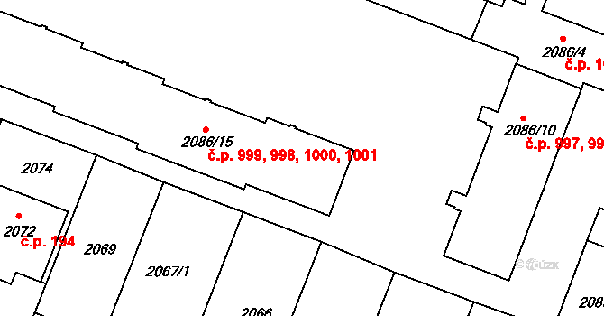 Kuřim 998,999,1000,1001 na parcele st. 2086/15 v KÚ Kuřim, Katastrální mapa