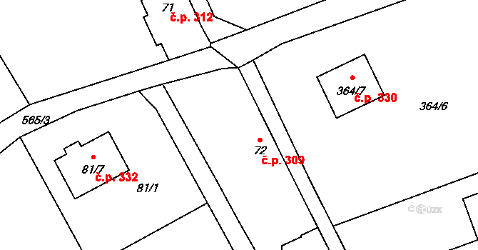 Řídeč 309 na parcele st. 72 v KÚ Řídeč, Katastrální mapa
