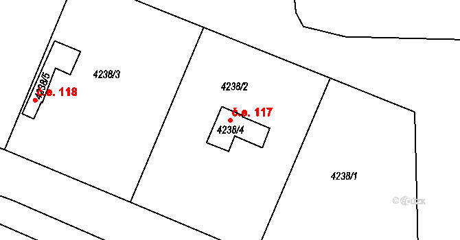 Smíchov 117, Praha na parcele st. 4238/4 v KÚ Smíchov, Katastrální mapa