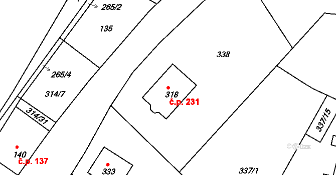 Chotyně 231 na parcele st. 318 v KÚ Chotyně, Katastrální mapa
