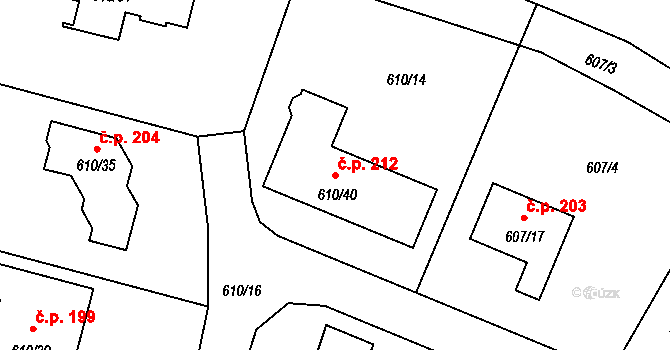 Šebrov 212, Šebrov-Kateřina na parcele st. 610/40 v KÚ Šebrov, Katastrální mapa