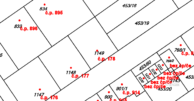 Přívoz 178, Ostrava na parcele st. 1149 v KÚ Přívoz, Katastrální mapa