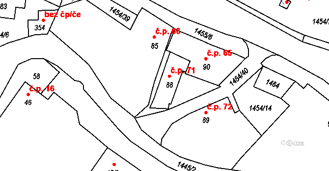 Doubravy 71 na parcele st. 88 v KÚ Doubravy, Katastrální mapa