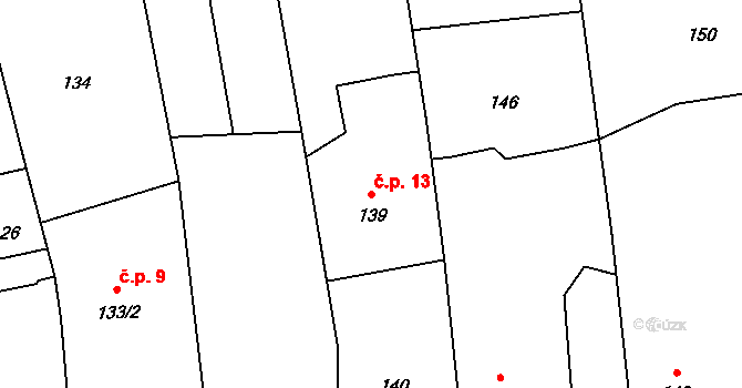 Těškovice 13 na parcele st. 139 v KÚ Těškovice, Katastrální mapa