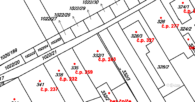 Huštěnovice 243 na parcele st. 332/1 v KÚ Huštěnovice, Katastrální mapa