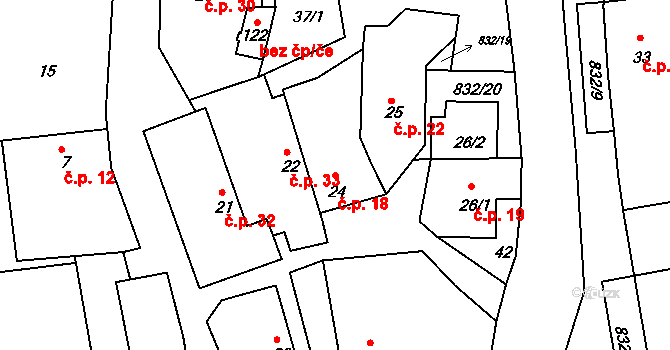 Bor u Chroustovic 18, Rosice na parcele st. 24 v KÚ Bor u Chroustovic, Katastrální mapa