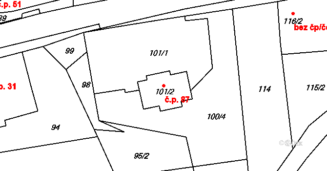 Mělnická Vrutice 87, Velký Borek na parcele st. 101/2 v KÚ Mělnická Vrutice, Katastrální mapa
