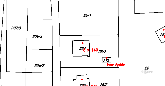 Blatno 143 na parcele st. 234 v KÚ Blatno u Podbořan, Katastrální mapa