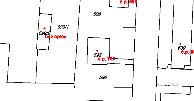 Podbořany 758 na parcele st. 595 v KÚ Podbořany, Katastrální mapa