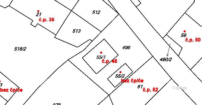 Ždánov 48 na parcele st. 55/1 v KÚ Ždánov, Katastrální mapa