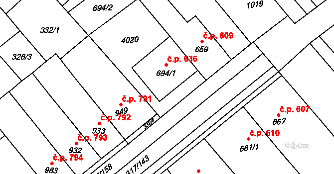 Rakvice 636 na parcele st. 694/1 v KÚ Rakvice, Katastrální mapa