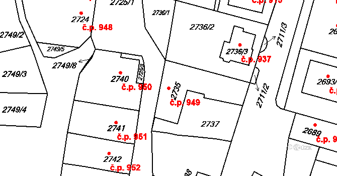 Rakšice 949, Moravský Krumlov na parcele st. 2735 v KÚ Moravský Krumlov, Katastrální mapa