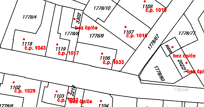 Nymburk 1033 na parcele st. 1106 v KÚ Nymburk, Katastrální mapa