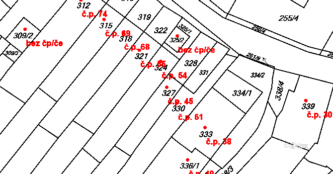 Popůvky 45 na parcele st. 327 v KÚ Popůvky u Brna, Katastrální mapa