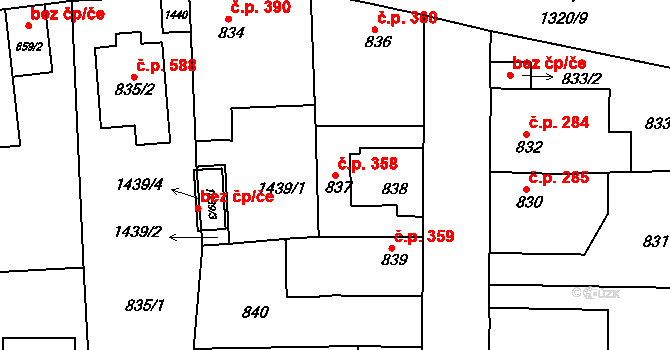 Tuchlovice 358 na parcele st. 837 v KÚ Tuchlovice, Katastrální mapa