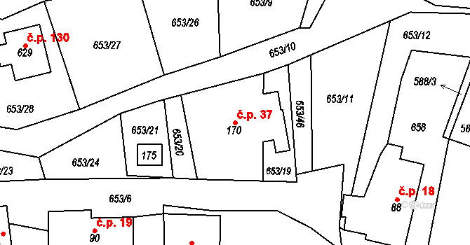 Radvánovice 37, Karlovice na parcele st. 170 v KÚ Karlovice, Katastrální mapa