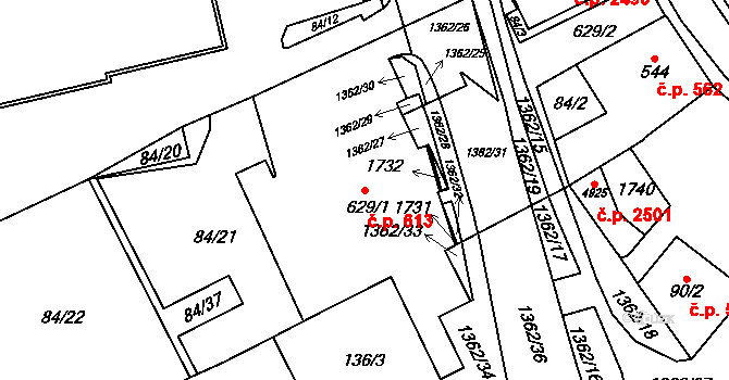 Blansko 613 na parcele st. 629/1 v KÚ Blansko, Katastrální mapa