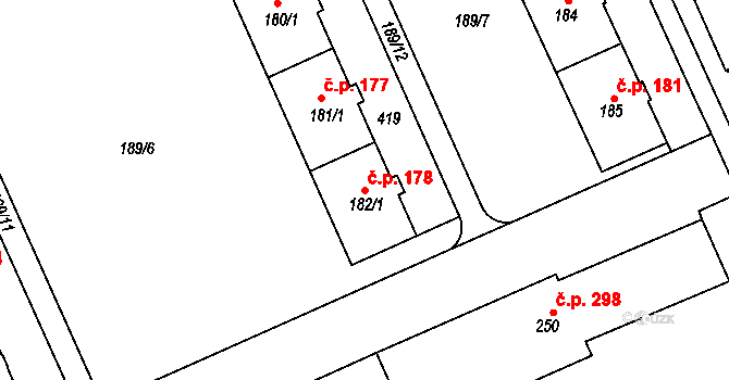 Lutín 178 na parcele st. 182/1 v KÚ Lutín, Katastrální mapa